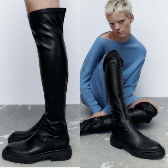 Zara Over the Knee Tall Lug Sole Boots Black Size 40 (US 9) - Picture 2 of 14